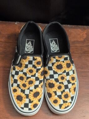 Vans Slip-On Sneakers with Sunflower Checkerboard - Black/Cream/Yellow